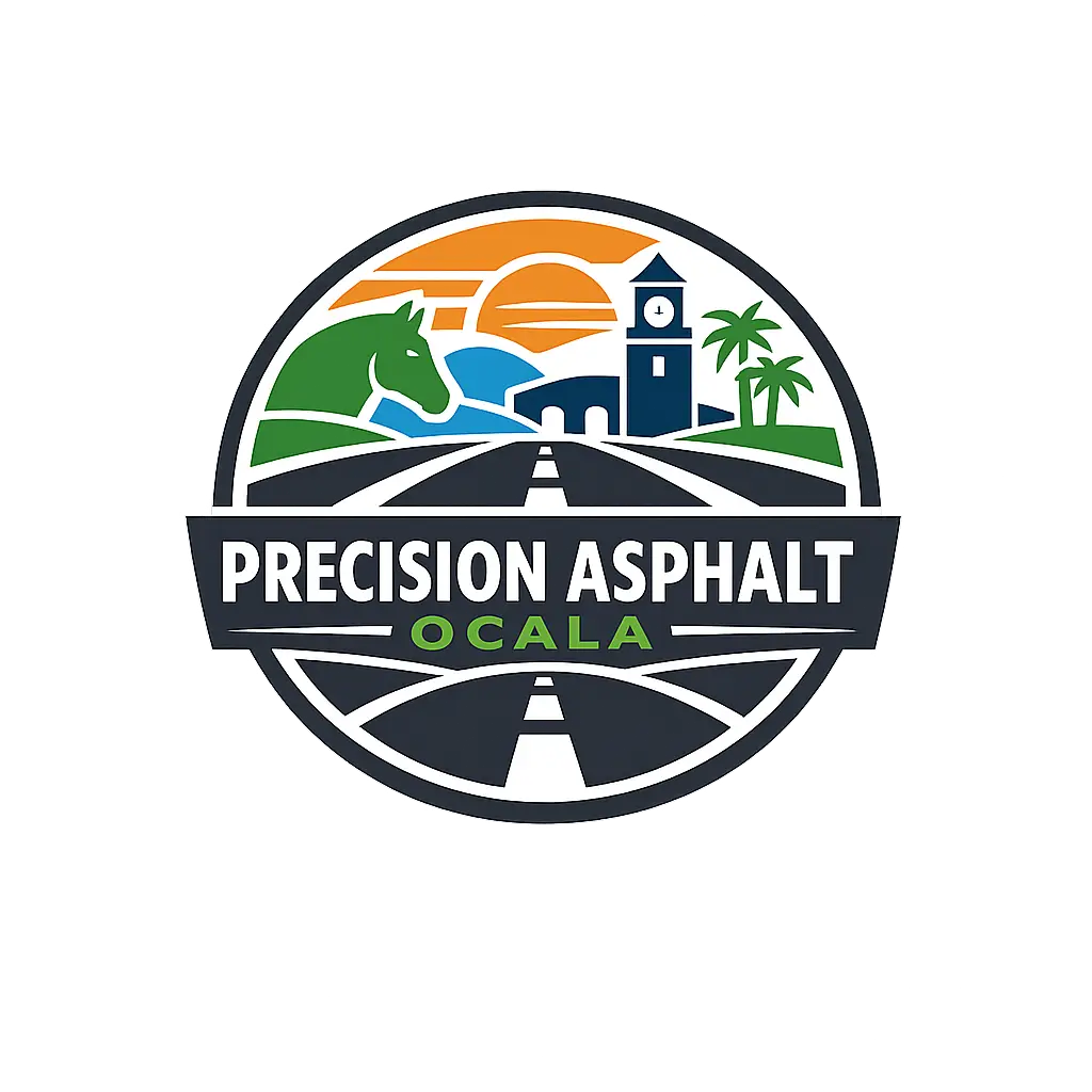 Precision Asphalt Ocala company logo featuring roadway, horse silhouette, clock tower, palm trees, and sunset design in Ocala, FL